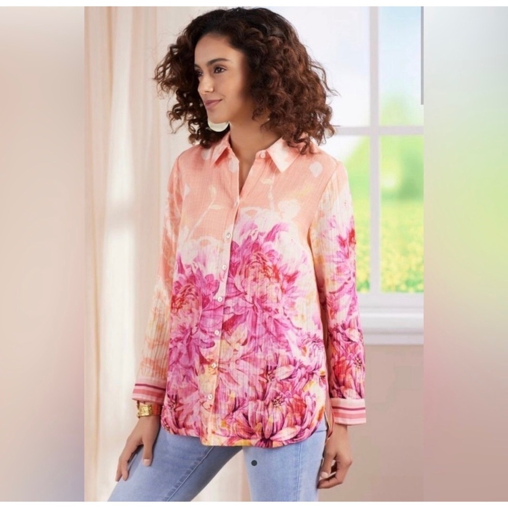 Soft Surroundings Medium Altura Floral Stripe Gauze Button Down Shirt Pink Boho